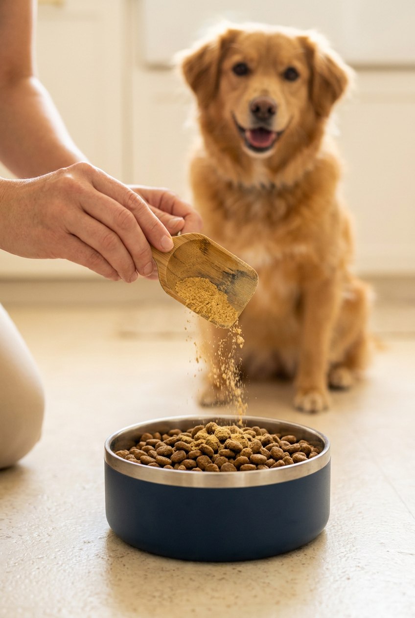 A scoop of APEX Daily powder being added to a dog's bowl