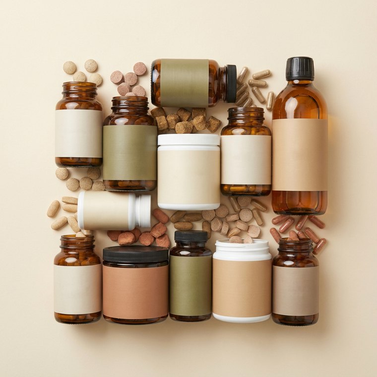 A cluttered shelf of separate dog supplements